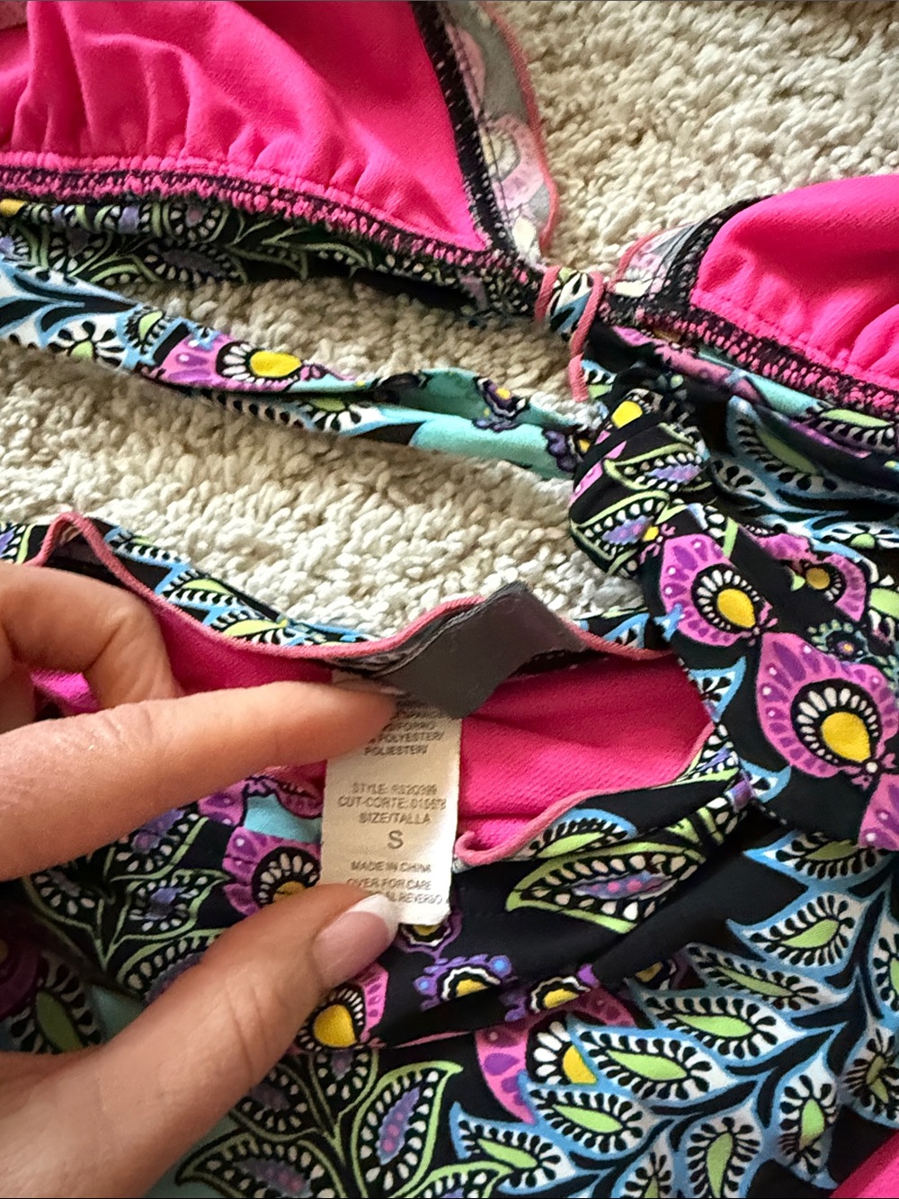 Kenneth Cole Reaction Black Paisley Print Bikini with Pink and Teal Accents - Picture 2 of 4